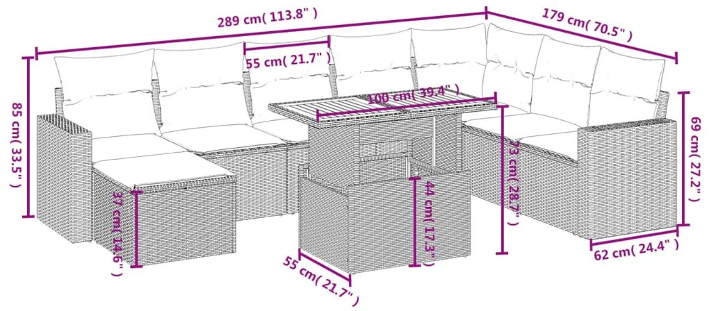 9 pcs conjunto de sofás p/ jardim c/ almofadões vime PE preto