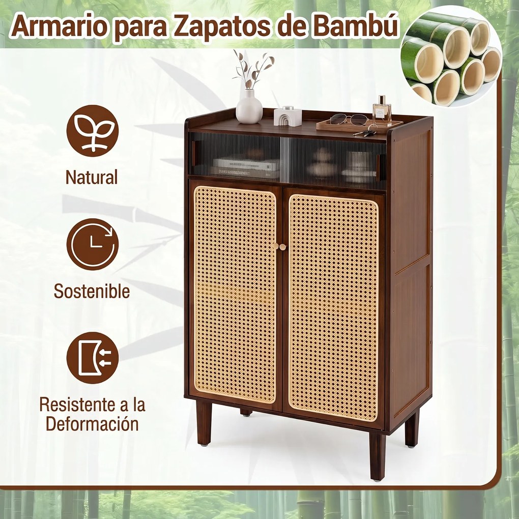 Sapateira, 67 x 33 x 107 cm, 5 Níveis com Portas de Rattan, cor Nogueira