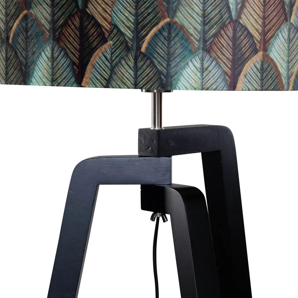 Candeeiro de Pé Preto com Abajur de Veludo e Design Folha 50cm - Puros