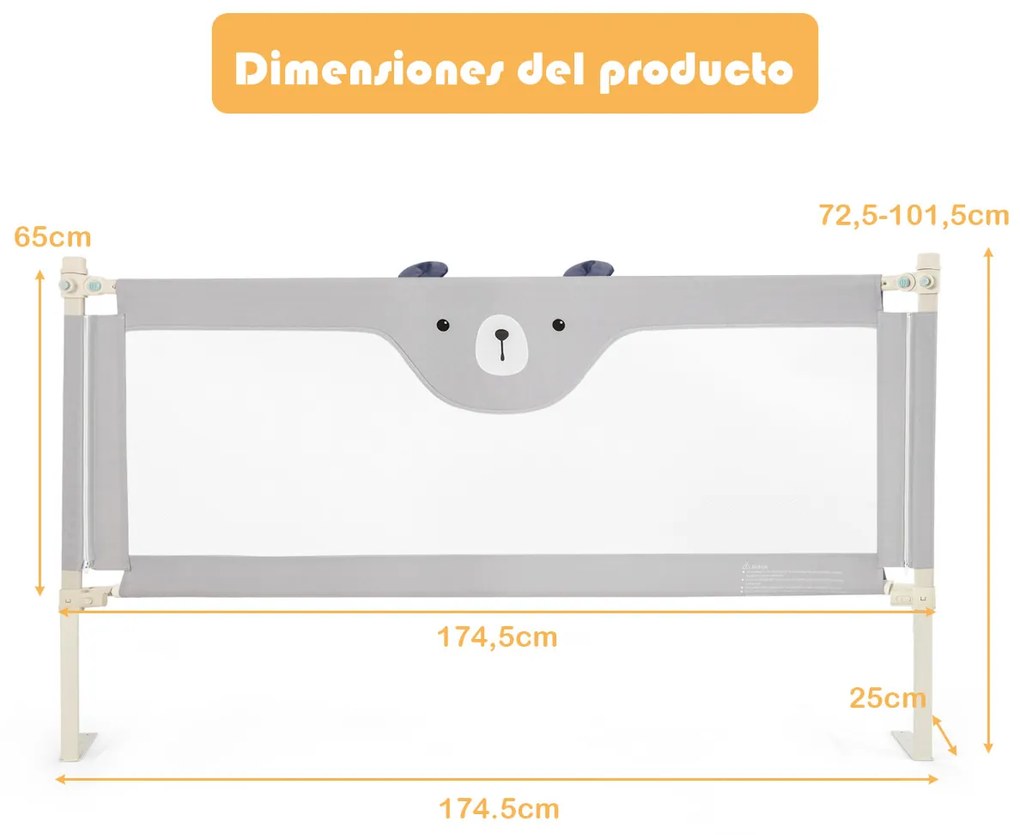 Barra Proteção de cama para crianças 174,5 cm Barra de cama dobrável com elevador vertical duplo bloco de segurança cinza