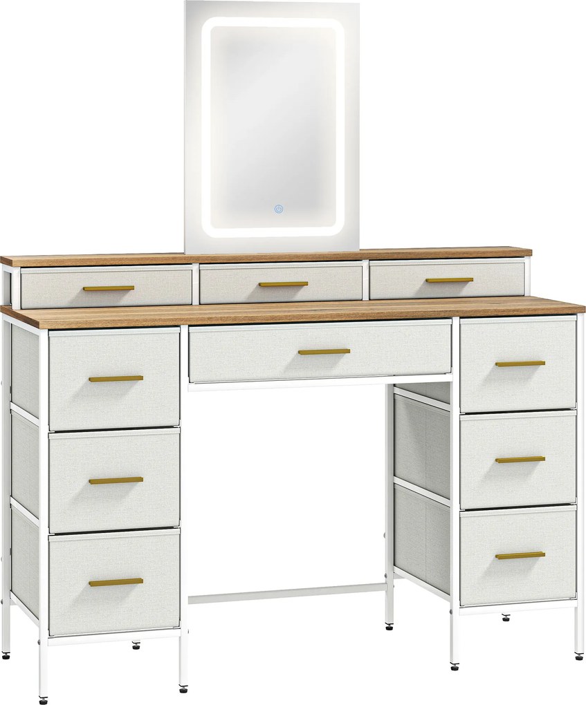 Toucador com Luzes LED de 3 Cores Espelho 10 Gavetas de Tecido e Pés em Aço 118,5x39,5x140 cm cor madeira, cinzento e dourado