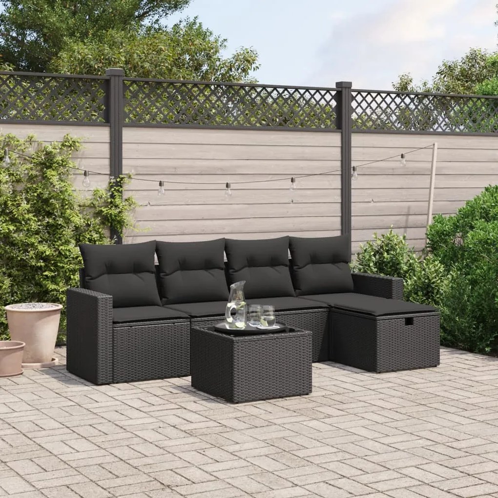 6 pcs conjunto sofás de jardim c/ almofadões vime PE preto