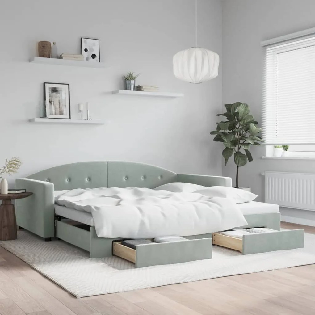 vidaXL Sofá-cama c/ gavetão e gavetas 100x200 cm veludo cinzento-claro