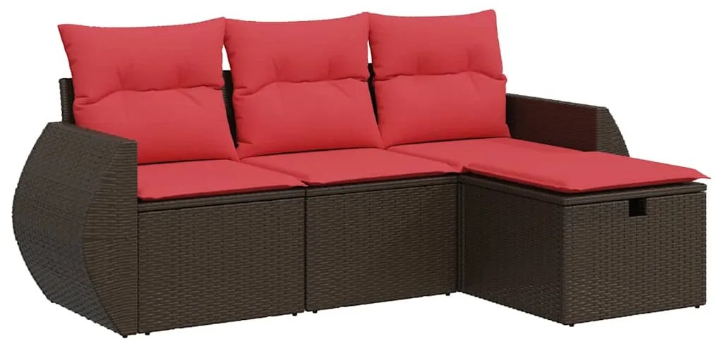 4 pcs conjunto sofás de jardim c/ almofadões vime PE castanho