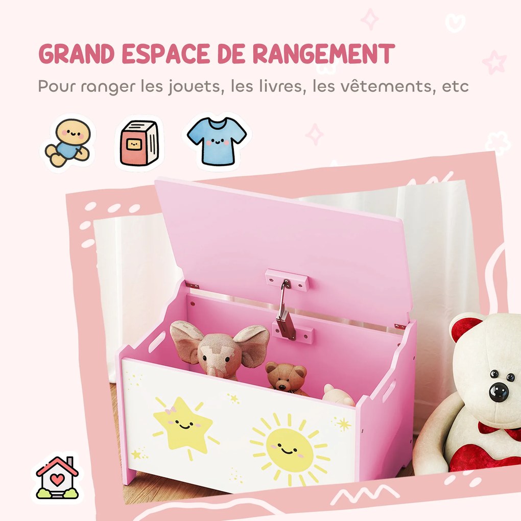 Caixa de brinquedos com tampa  60 x 37 x 39 cm, caixa de arrumação infantil com dobradiças de segurança rosa