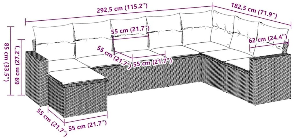 8 pcs conjunto sofás de jardim c/ almofadões vime PE castanho