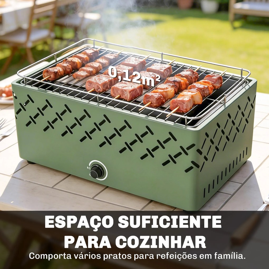 Grelhador a Carvão 45,5x29x21 cm com Ventilador Integrado, Temperatura Ajustável e Bandeja de Carvão, Verde-Claro