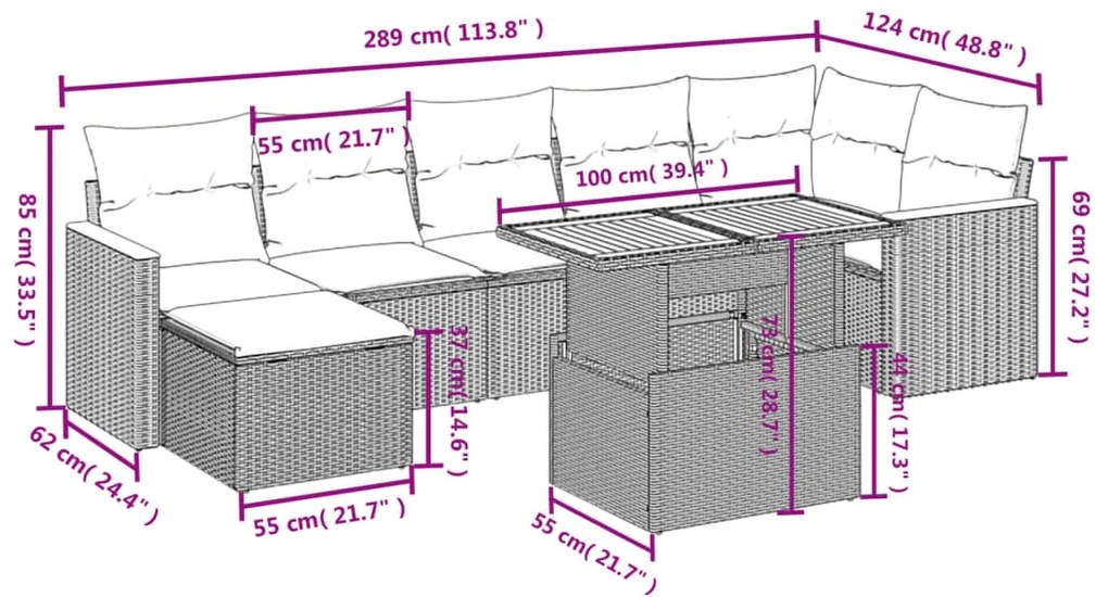 8 pcs conjunto sofás de jardim com almofadões vime PE preto