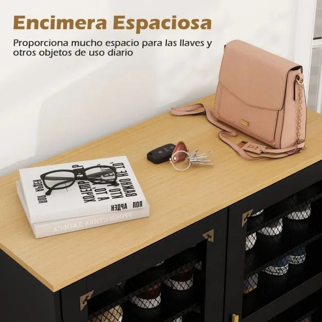 Sapateira de 7 níveis 80 x 37 x 106 cm com portas de malha Organizador moderno para sapatos em madeira com prateleiras ajustáveis Preto