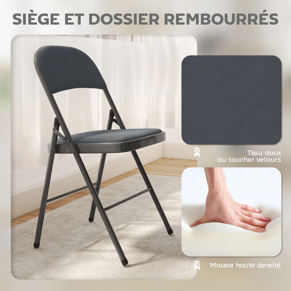 Conjunto de 4 cadeiras dobráveis e portáteis para interior (MESA NÃO INLCUIDA), com assentos e encostos estofados em veludo e estrutura em aço, cinzen