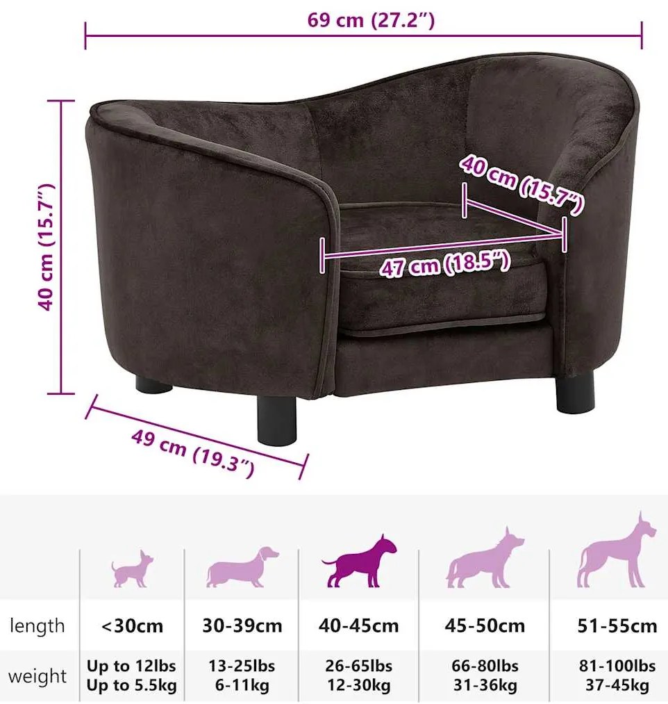 Sofá para cães 69x49x40 cm pelúcia castanho