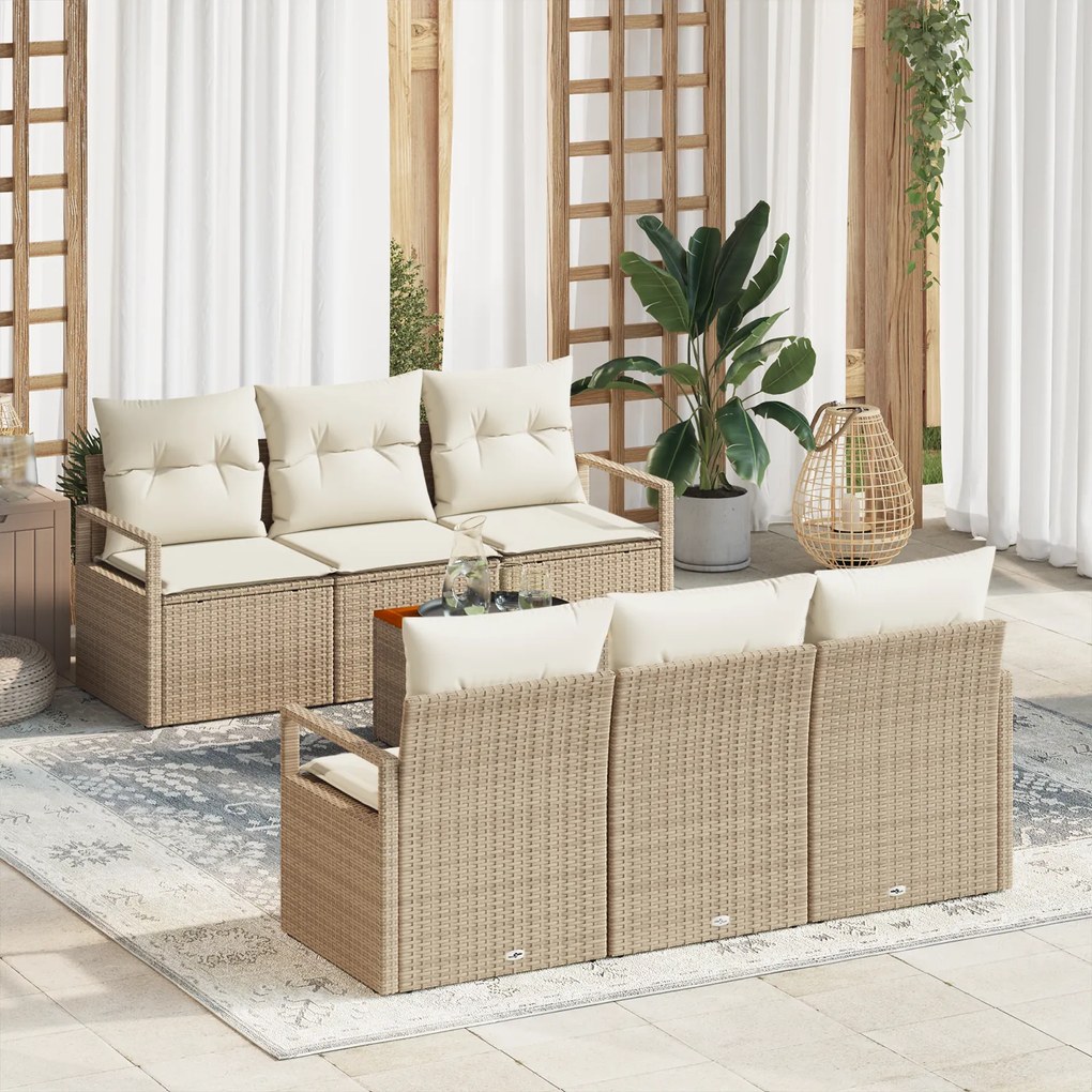 Conjunto de Sofá de Jardim Modular de 7 Peças com Almofadas Bege Vime Acácia