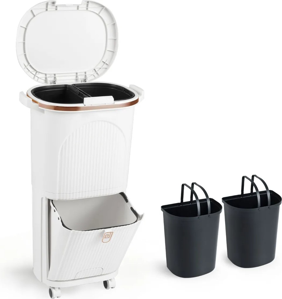 Caixote do lixo 43 x 29 x 74,5 cm para cozinha 38 L com Tampa dupla Camada 2 caixotes removíveis com Pedal e Rodas Branco