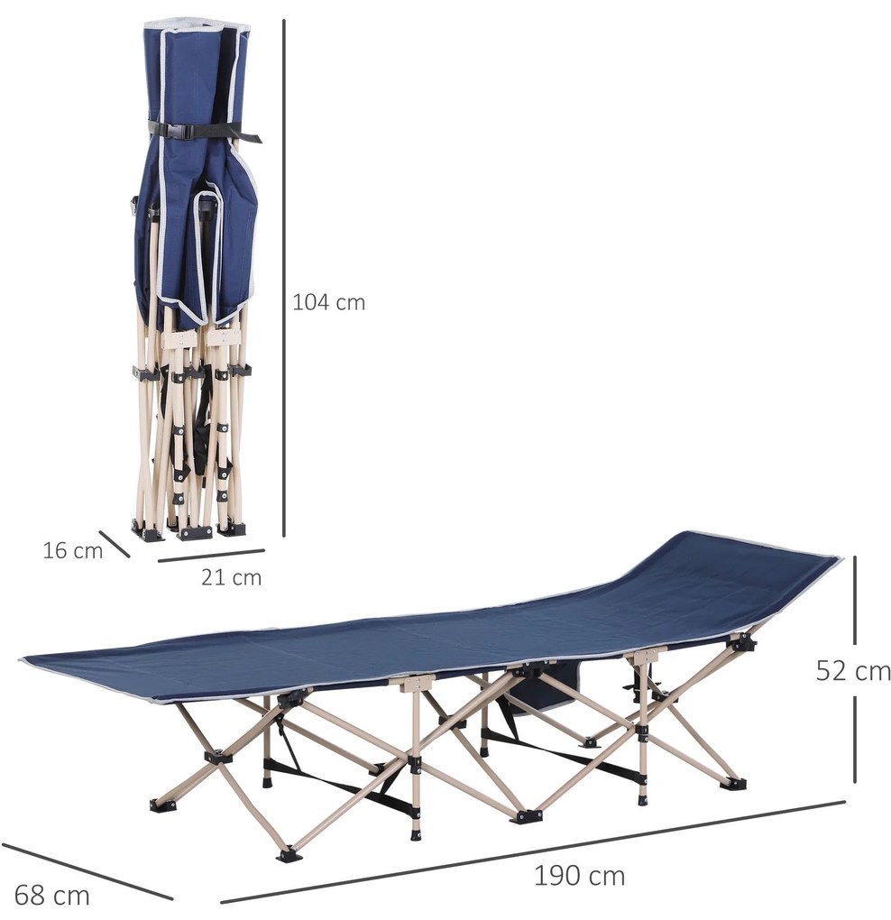 Cama de Campismo Dobrável com 1 Bolso Lateral Bolsa de Transporte e Estrutura de Aço C 190x68x52 cm Azul Escuro