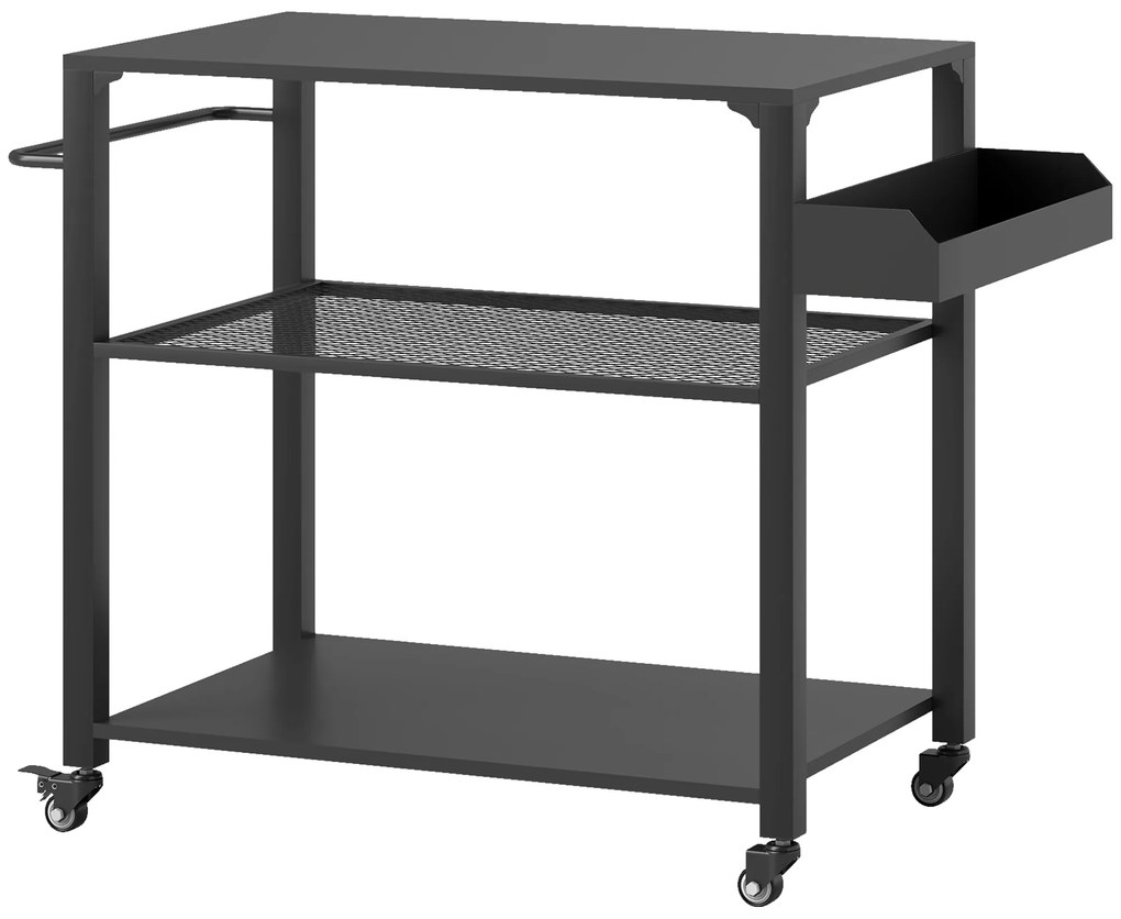 Outsunny Carrinho de Apoio para Barbecue de 3 Níveis com 4 Rodas Prateleiras Mesa de Apoio para Forno de Pizza 105x50x79 cm Preto | Aosom Portugal