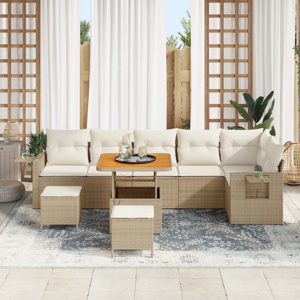 Conjunto de Sofás de Jardim vidaXL 9 Peças com Almofadas Bege Poliratt