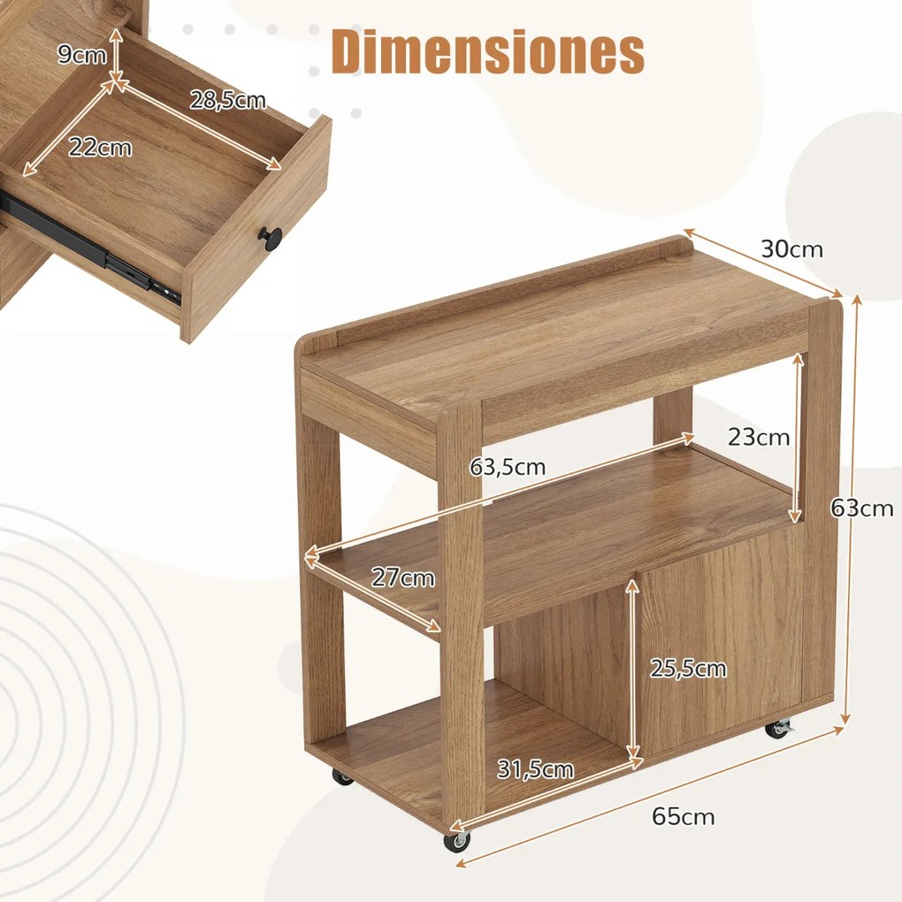 Mesa Lateral para Sofá ou Mesa de Cabeceira 65 x 30 x 62 cm com 2 Gavetas e Prateleiras Abertas com Rodas para Sala Natural