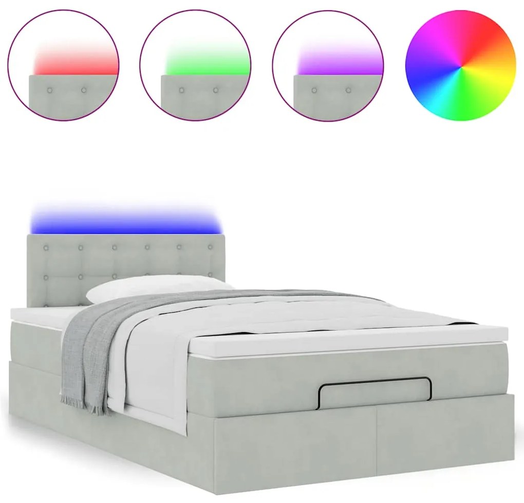 Cama otomana com colchão &amp; LEDs 120x190cm veludo cinza-claro
