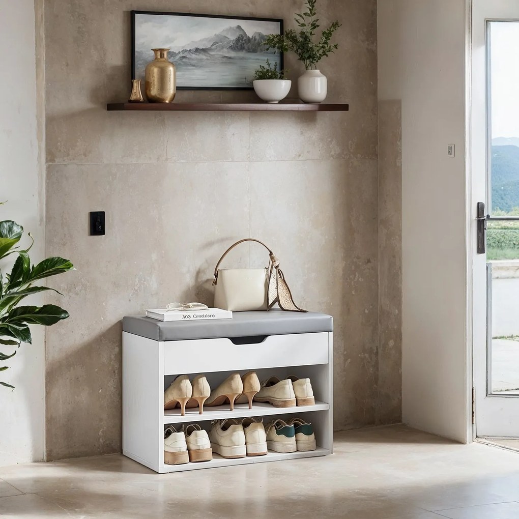Banco para sapatos com 3 níveis, sapateira com almofada 30 x 60 x 44 cm branco