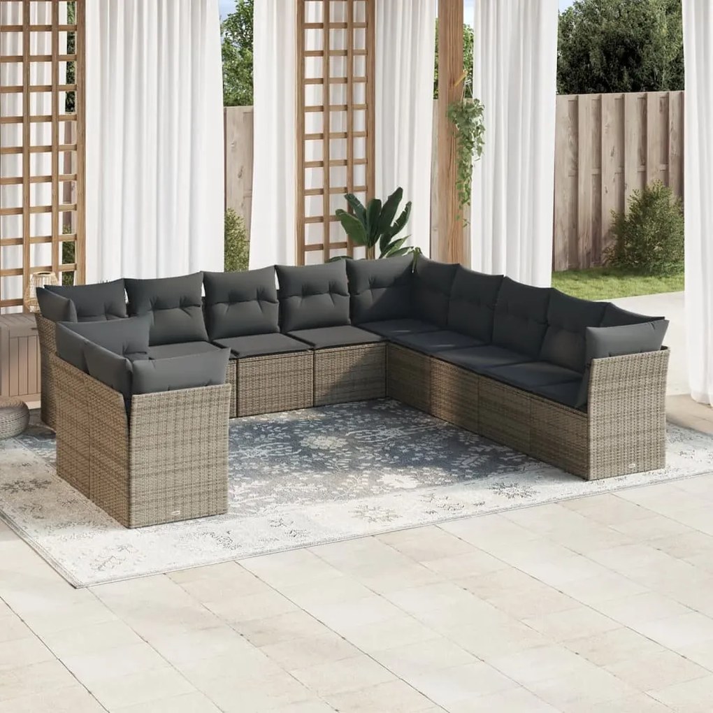 11 pcs conjunto sofás de jardim c/ almofadões vime PE cinzento