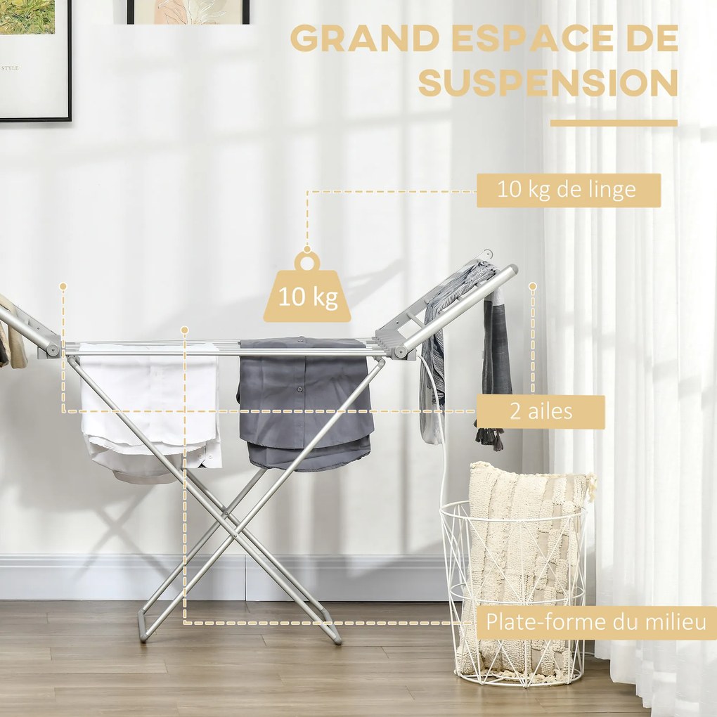 Estendal elétrico para roupa com 2 alas laterais extensíveis e estrutura em liga de alumínio, 144 x 53 x 91 cm
