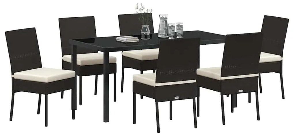 Conjunto de jantar de jardim com 7 peças em polirattan preto.