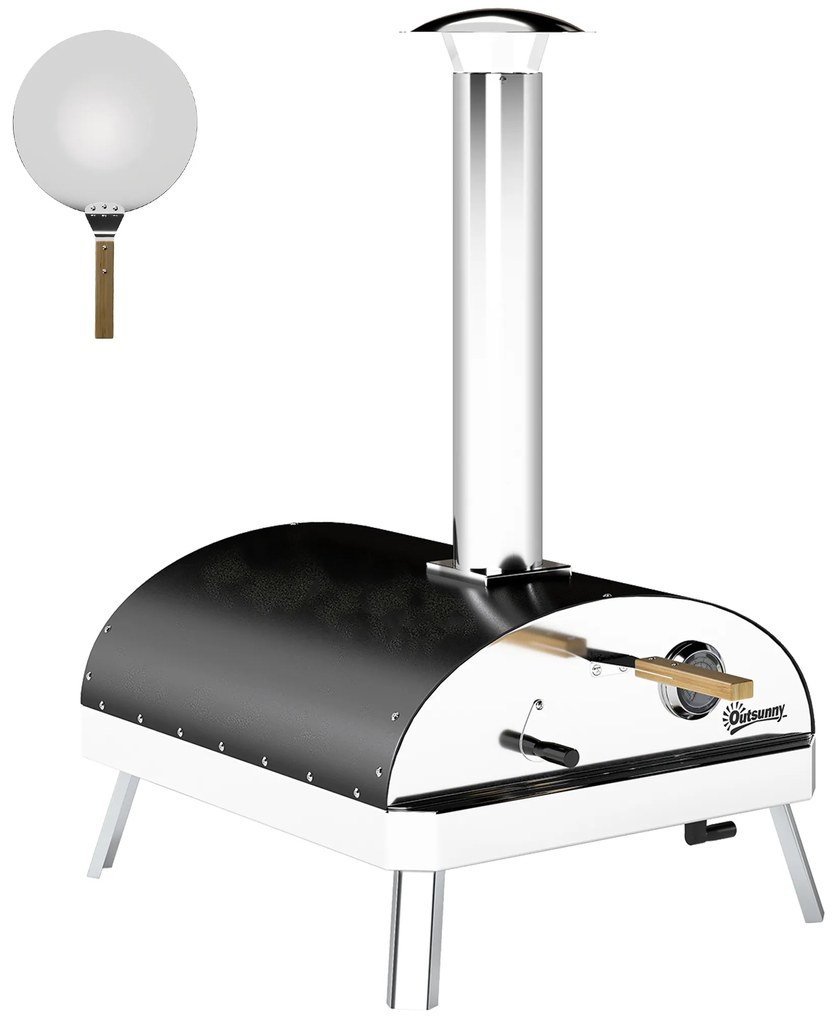 Outsunny Mini Forno de Pizza Exterior Portátil Forno a Lenha com Pedra Refratária Ø33 cm Termómetro e Bandeja Giratória 84x47x82 cm Prata