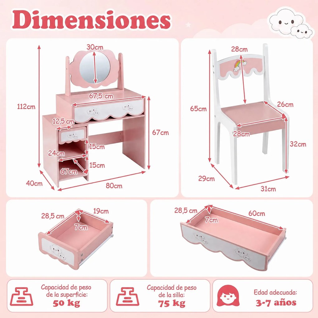 Conjunto de Toucador Infantil e Cadeira, 80 x 40 x 112 cm, Amplo Espaço de Arrumação, Cor-de-rosa