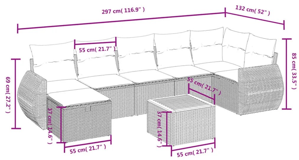8 pcs conjunto sofás de jardim com almofadões vime PE preto