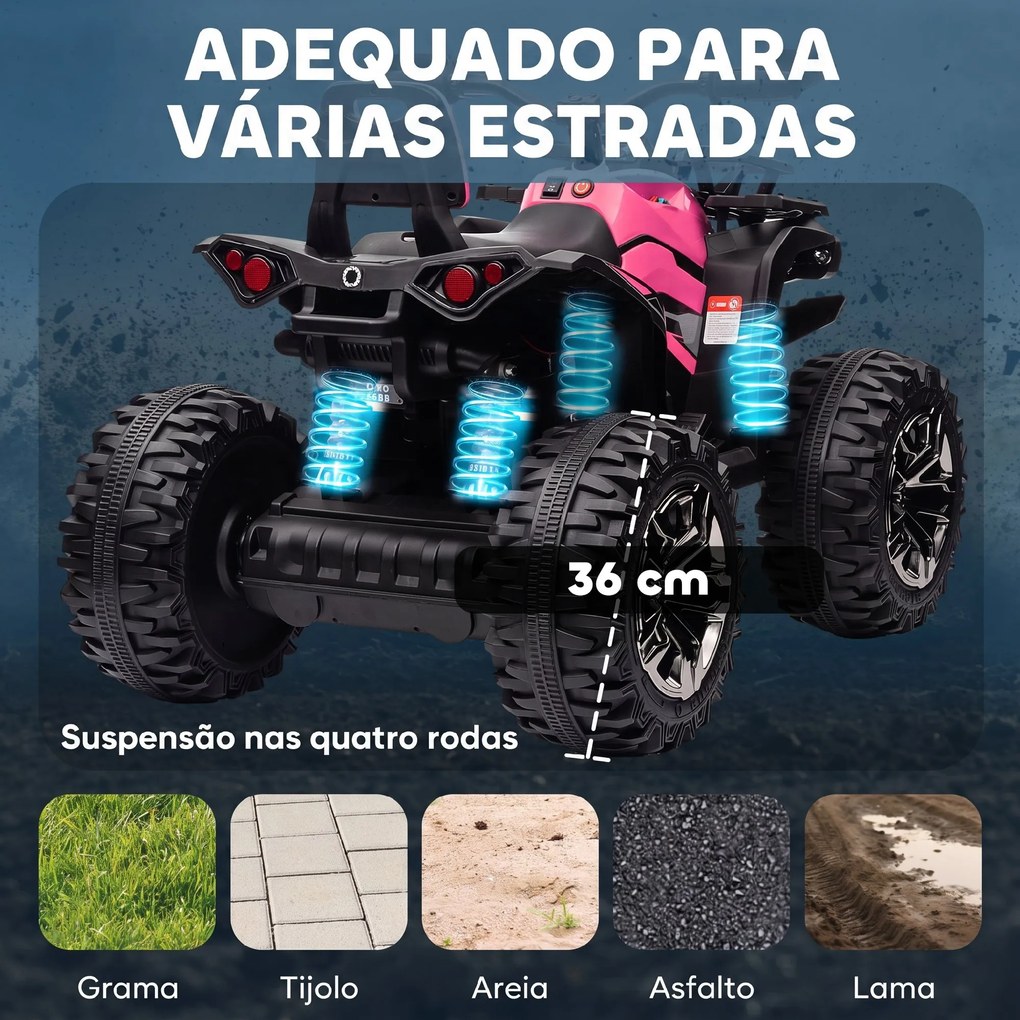 Moto 4 Elétrica Infantil 12V com 2 Motores, 3-8 km/h, Música, Faróis LED e USB, Rosa