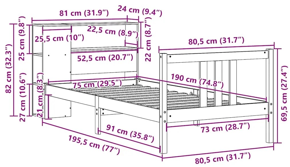 Cama com estante sem colchão 75x190 cm pinho maciço