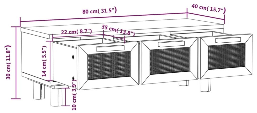 Mesa de centro 80x40x30 cm deriv. madeira/pinho maciço branco