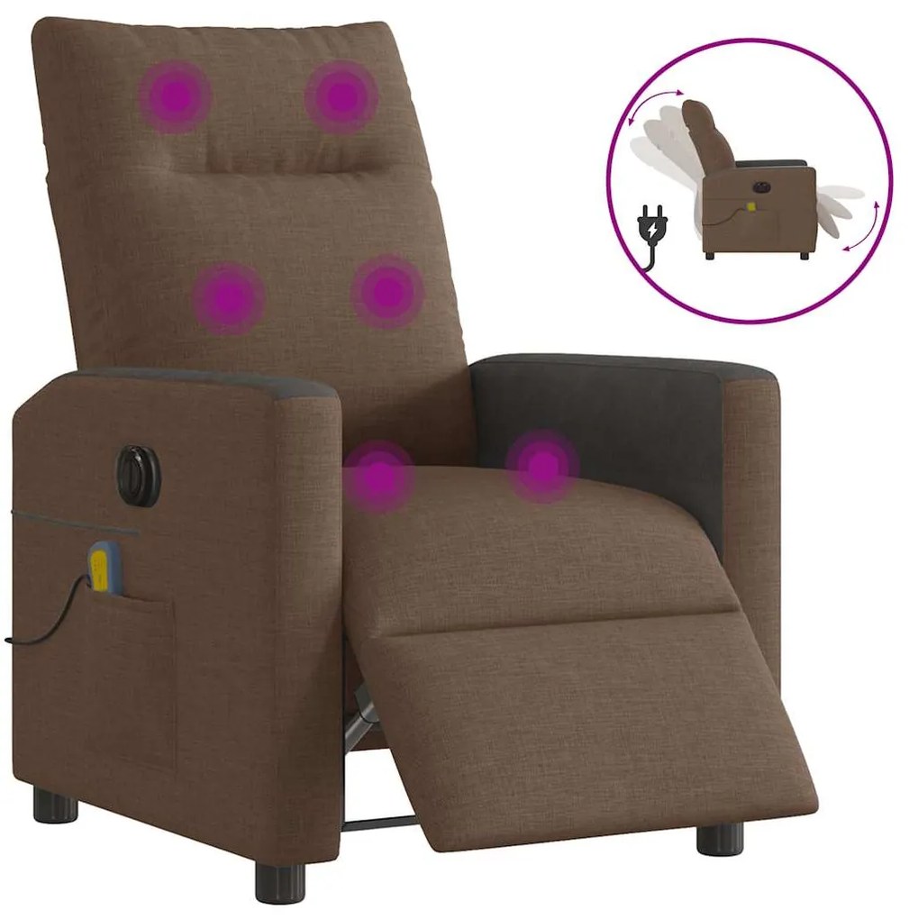 vidaXL Poltrona de massagens reclinável elétrica tecido castanho