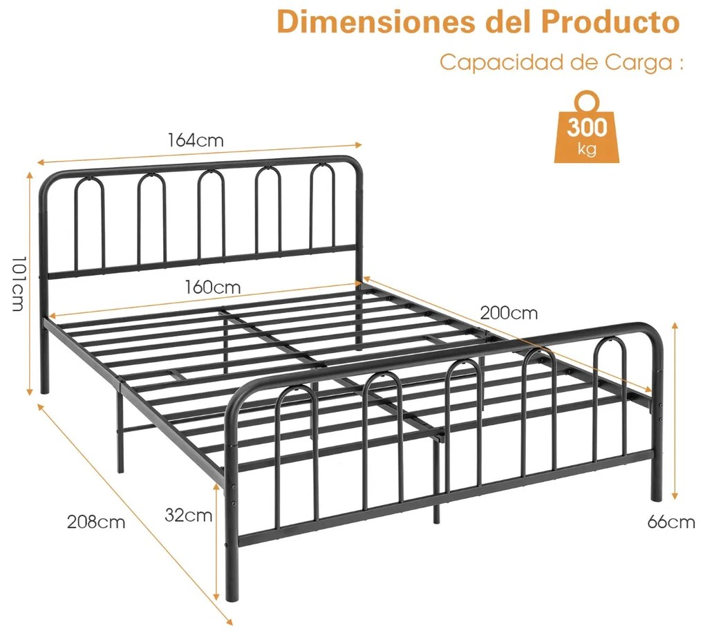 Estrutura de cama metálica com cabeceira e estrado moderna 208x164x101 cm Preto