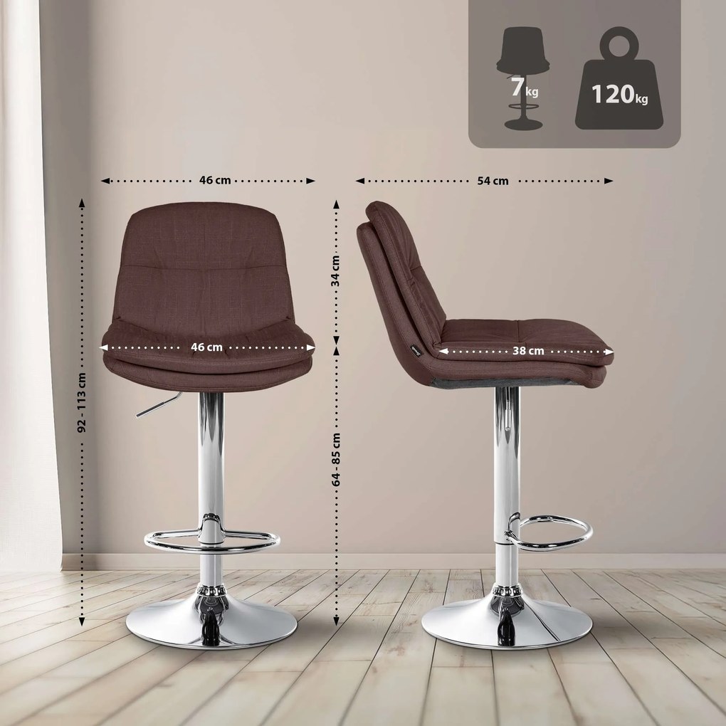 Banco de bar em tecido com estrutura prateada 92-113 x 46 x 54 cm castanho