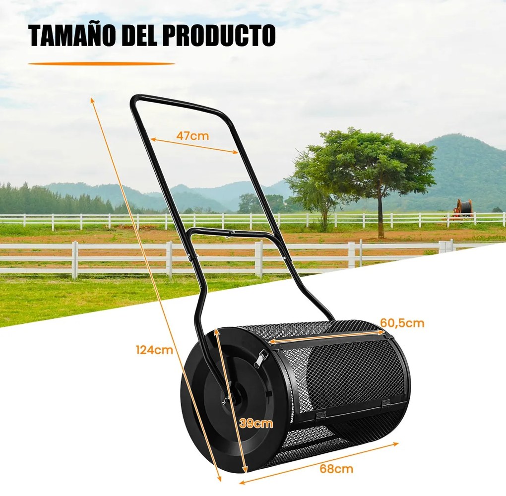 Rolo de Jardim de composto de 60,5 cm com pega em forma de U, fechos laterais e rolo de sementeira de malha metálica resistente Preto