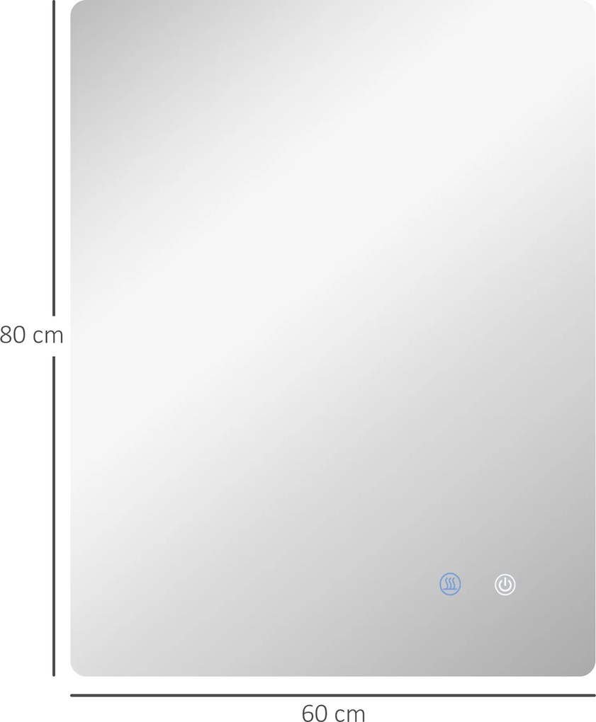 Espelho retangular de parede com iluminação LED para casa de banho, 80 x 60 cm, luminosidade regulável, branco transparente
