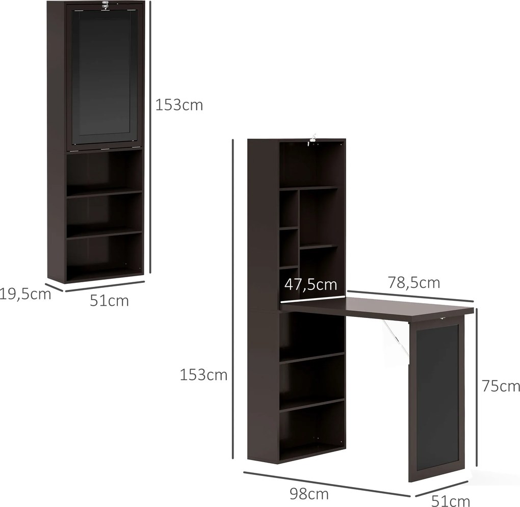 Secretária com arrumação dobrável, encostada à parede, com estante, posto de trabalho, quadro de giz e prateleira ajustável castanho, preto