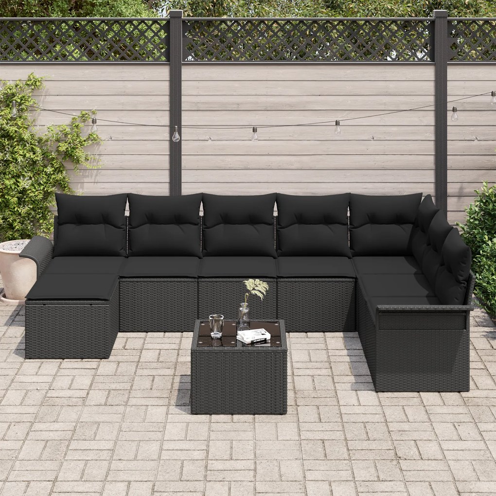 Conjunto de Sofá de Jardim de 9 Peças com Almofadas de Vime PE
