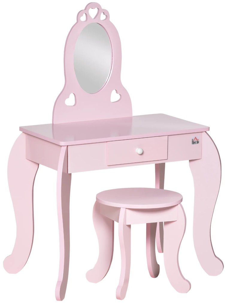 HOMCOM Toucador Infantil de Madeira para Crianças de 3-6 Anos com Banco e Espelho Estilo Princesa Mesa de Maquilhagem Infantil com Gaveta para Dormitório 60x36x88cm Rosa
