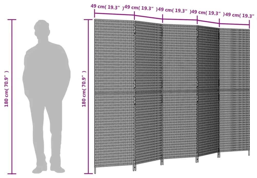 Biombo de divisão 5 painéis vime PE cinzento