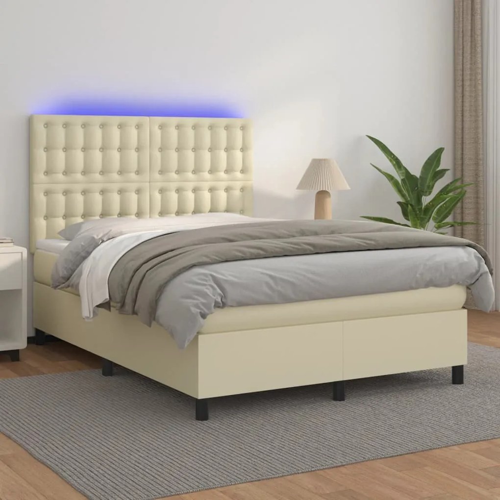vidaXL Cama box spring c/ colchão/LED 140x190cm couro artificial creme