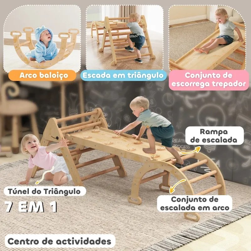 Triângulo de Escalada 7 em 1 com Arco e Rampa Escalada para Crianças de Madeira Dobrável para 18-48 Meses 188x70 cm Madeira