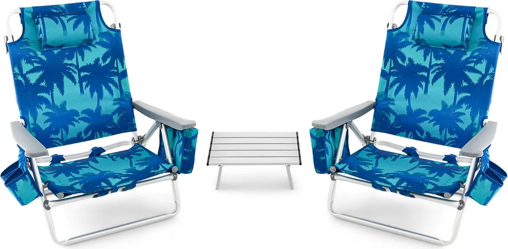 Conjunto de 2 cadeiras reclináveis de exterior com estrutura de alumínio e mesa de jardim, piscina campismo, praia dobraveis Azul