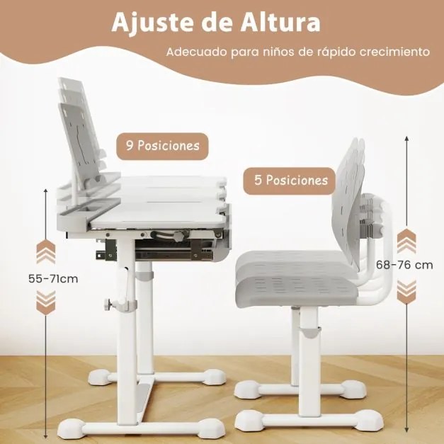 Conjunto de secretária e cadeira para crianças com altura ajustável, tampo inclinável, porta-copos, gaveta e cadeira ergonómica Cinza