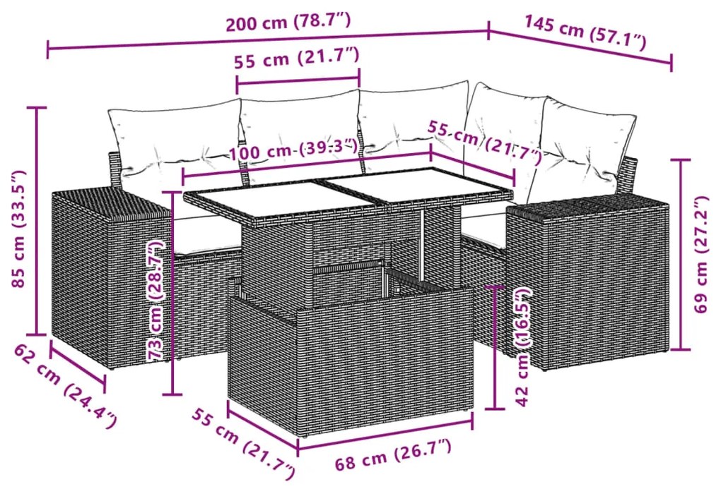 5 pcs conjunto sofás p/ jardim c/ almofadões vime PE castanho