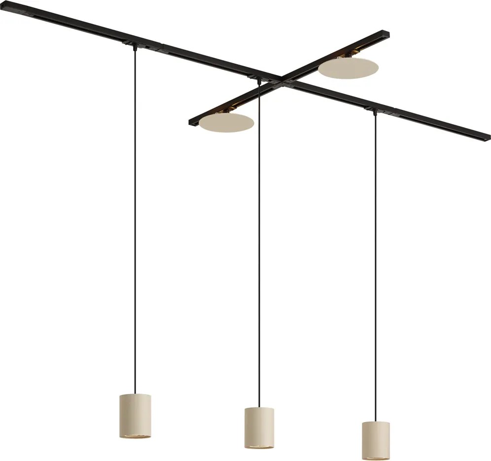 Sistema de iluminação de trilho moderno preto com 3 luzes pendentes e 2 luzes de teto bege 1-fase - Iconic Holt Pulley