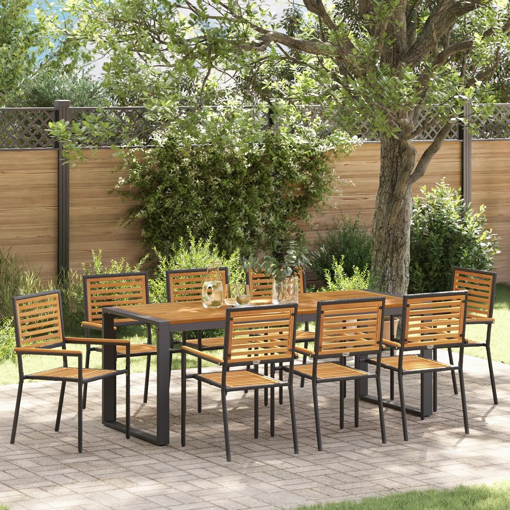 Conjunto de Jantar para Jardim vidaXL 9 Peças Preto Polyrattan Acácia