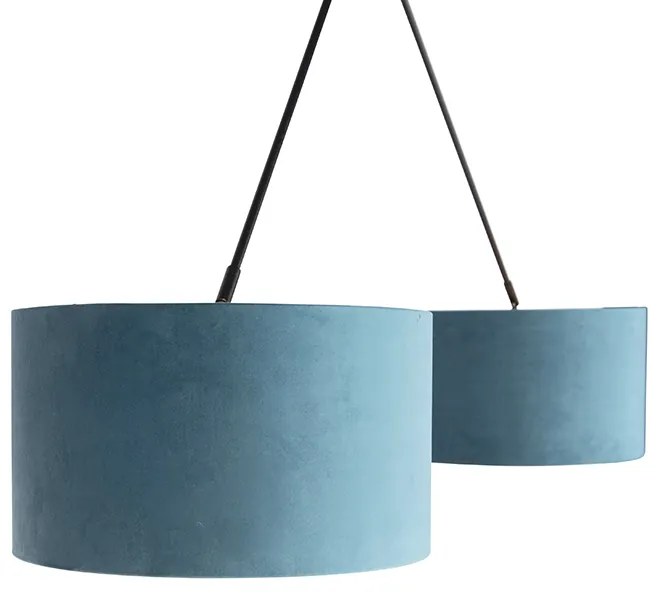 Candeeiro de suspensão preto com abajures de veludo azul e dourado 35 cm 2 luzes - Blitz Clássico / Antigo