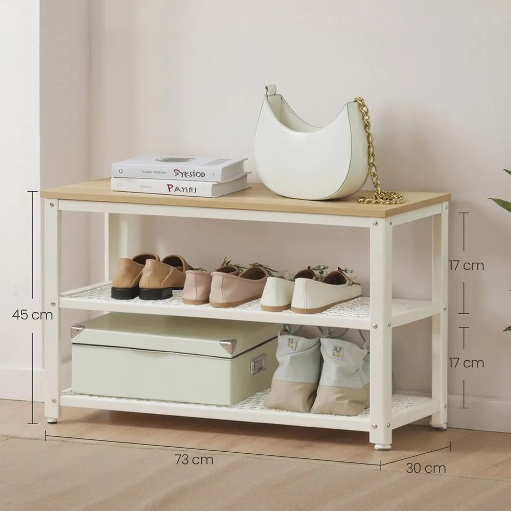 Banco para sapatos com 2 prateleiras em rede, sapateira, 30 x 73 x 45 cm Bege-branco